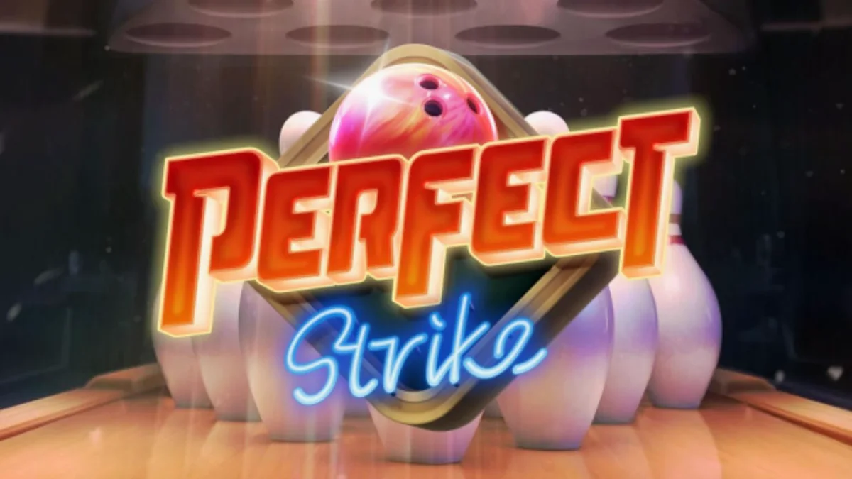 Interface do jogo de slot Perfect Strike com elementos de boliche e neon