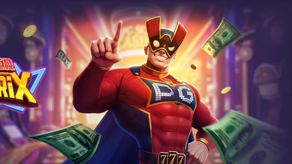 Interface do slot Super Wildrix em um dispositivo móvel exibindo o herói e símbolos neon