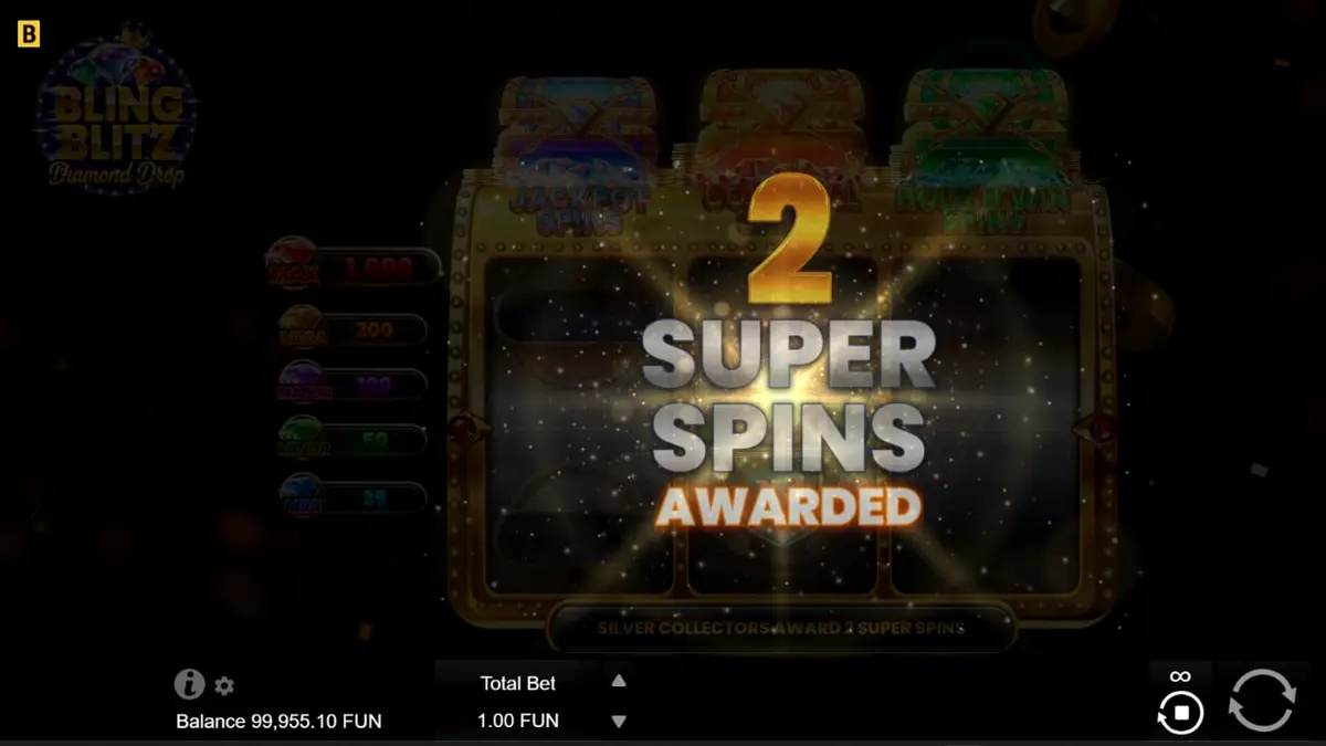 Interface luxuosa e brilhante do slot Bling Blitz Diamond Drop com diamantes e moedas